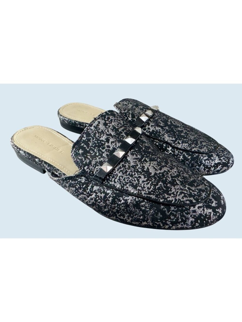 MARC FISHER Metallic Black Silver Foil Wishing Studded Slip On Shoes Sz 7.5